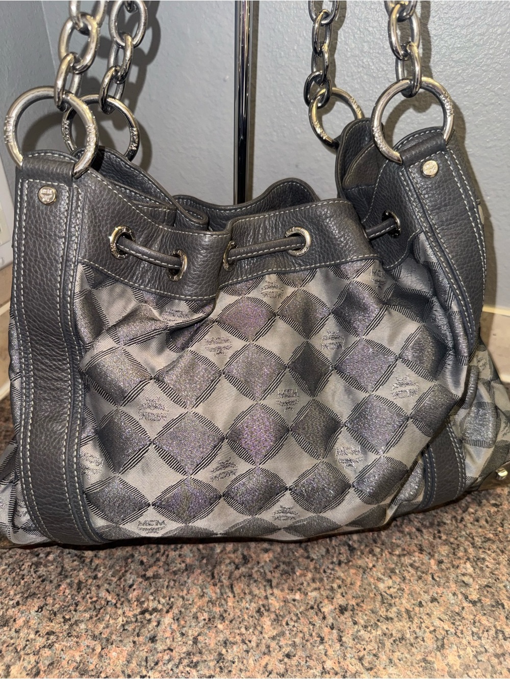 MCM Gray limited edition Drawstring Shoulder Bag with Tassels EUC - Picture 3 of 9